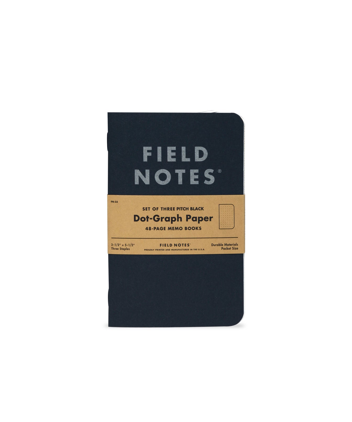 Front cover view of Pitch Black memo notebook with dot grid pages, Field Notes logo in silver ink, and brown paper band with black text.