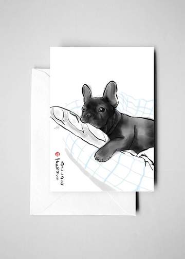 French Bulldog Puppy Greeting Card,Sumi-e Ink Zen Dog Art