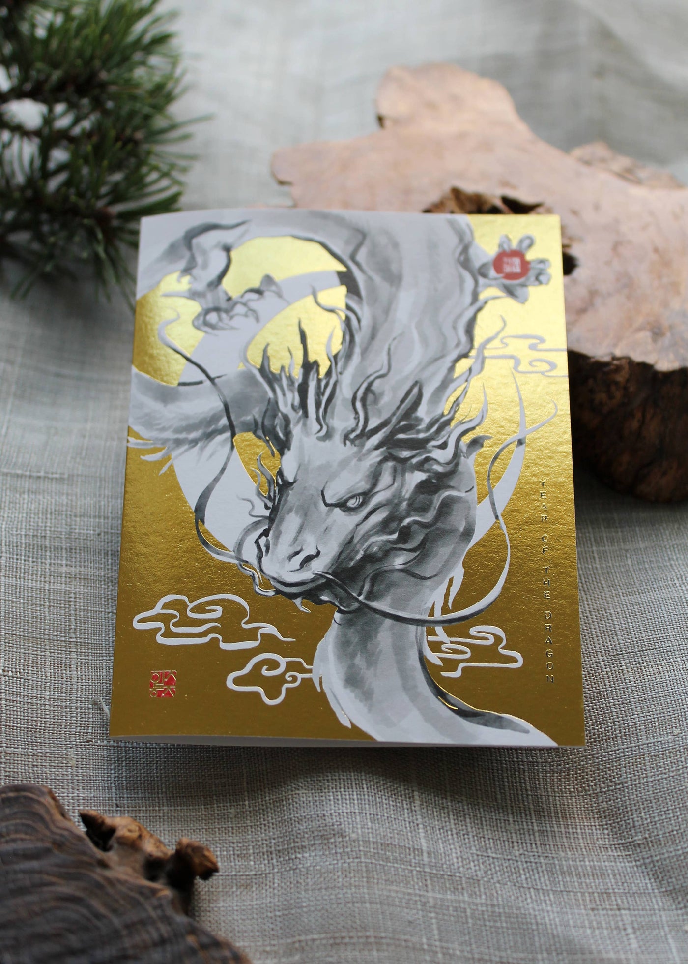 Year of Dragon Gold Moon Zodiac Greeting Card, Sumi Ink