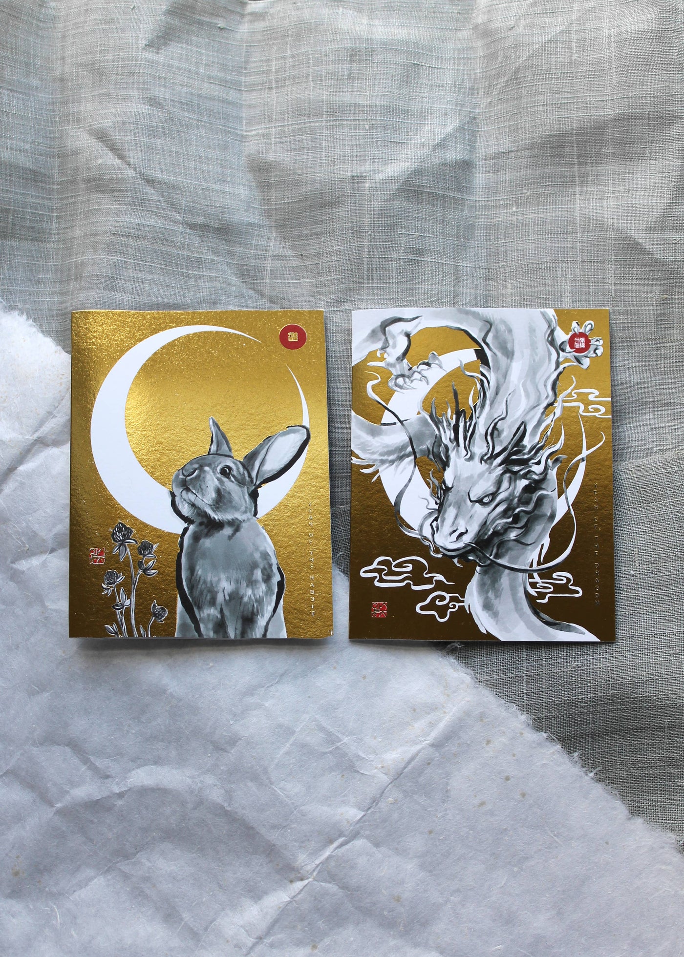 Year of Rabbit Gold Moon Zodiac Greeting Card, Sumi Ink (Cop