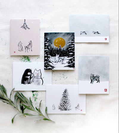 Snowy Day Shiba Chasing Winter Holiday Greeting Card, Sumi