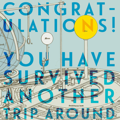 “Congratulations! Another trip around” A6 birthday card: Recycled white envelopes