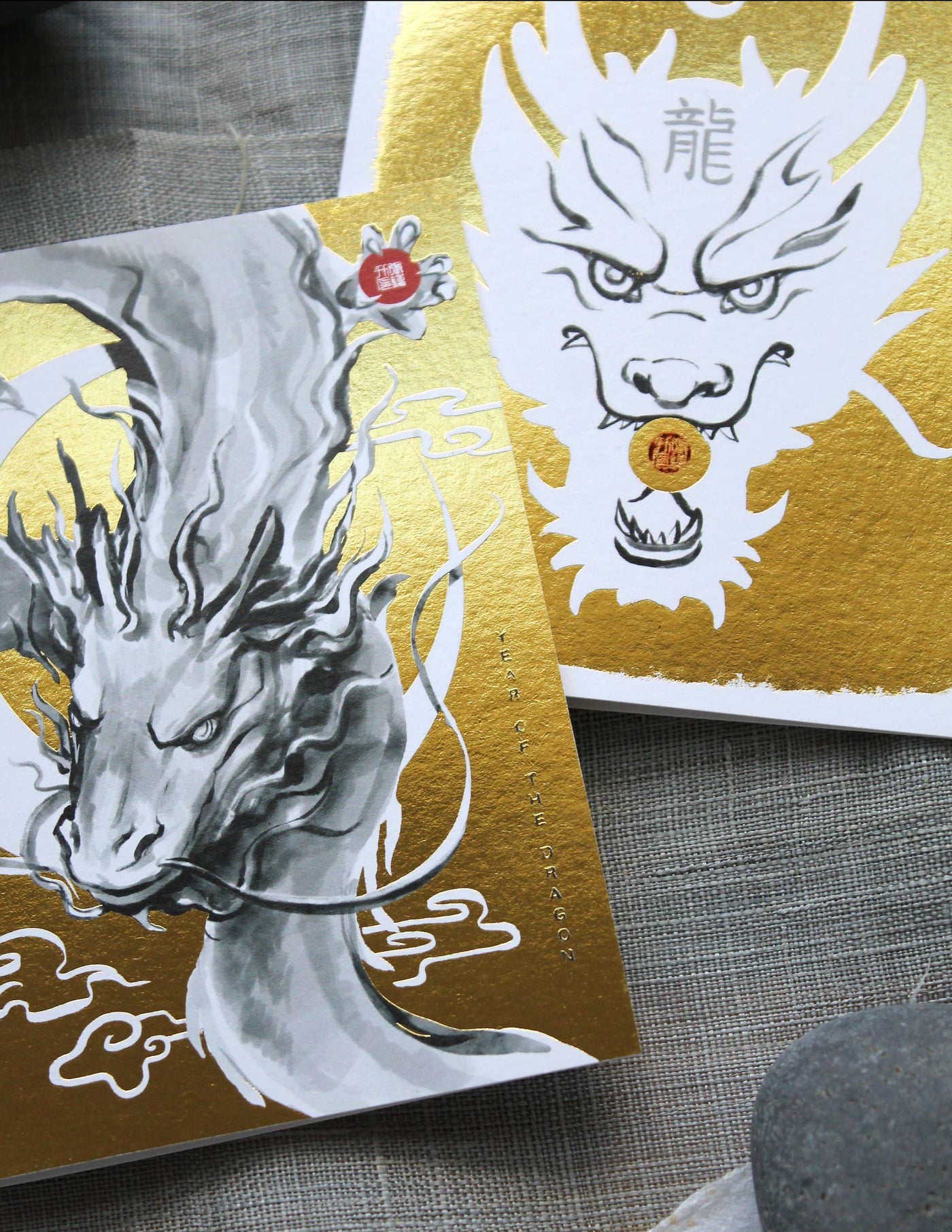 Year of Dragon Gold Moon Zodiac Greeting Card, Sumi Ink