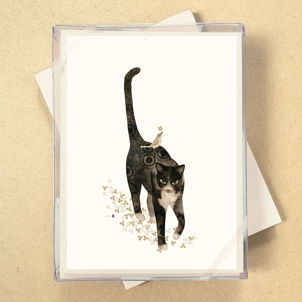 Cat With Bird Foil Boxed Blank Cards