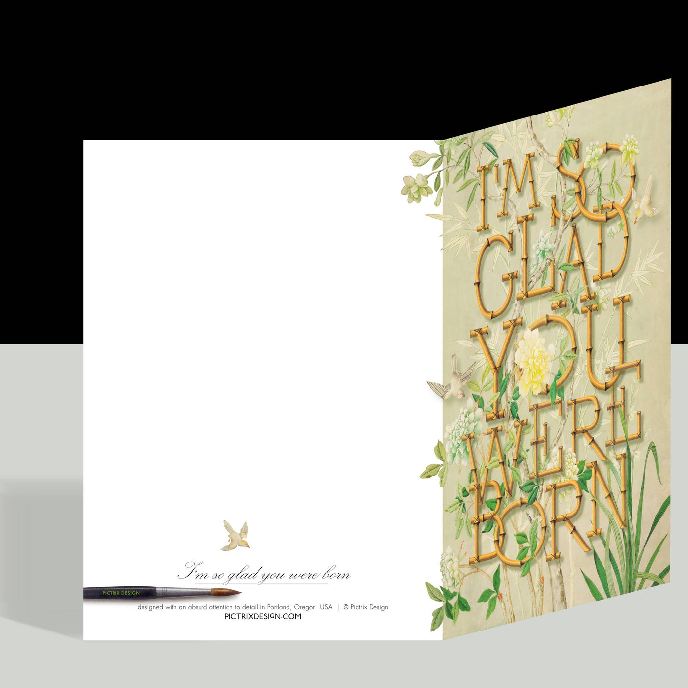 "I'm so glad you were born" A6 birthday card: Recycled white envelope