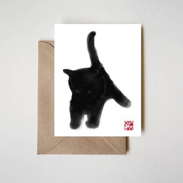 Black Kitty Cat Greeting Card, Sumi Ink Zen Pet Lovers Cute