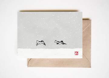 Snowy Day Shiba Chasing Winter Holiday Greeting Card, Sumi