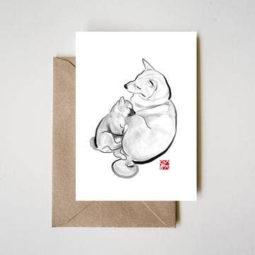 Snuggle With Mother Shiba Puppy Greeting Card | Sumi Ink Dog
