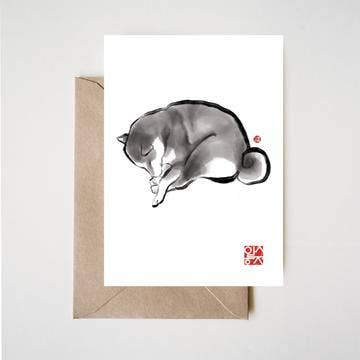 Shiba Curled Up Greeting Card,Sumi-e Ink Zen Dog Handpaint