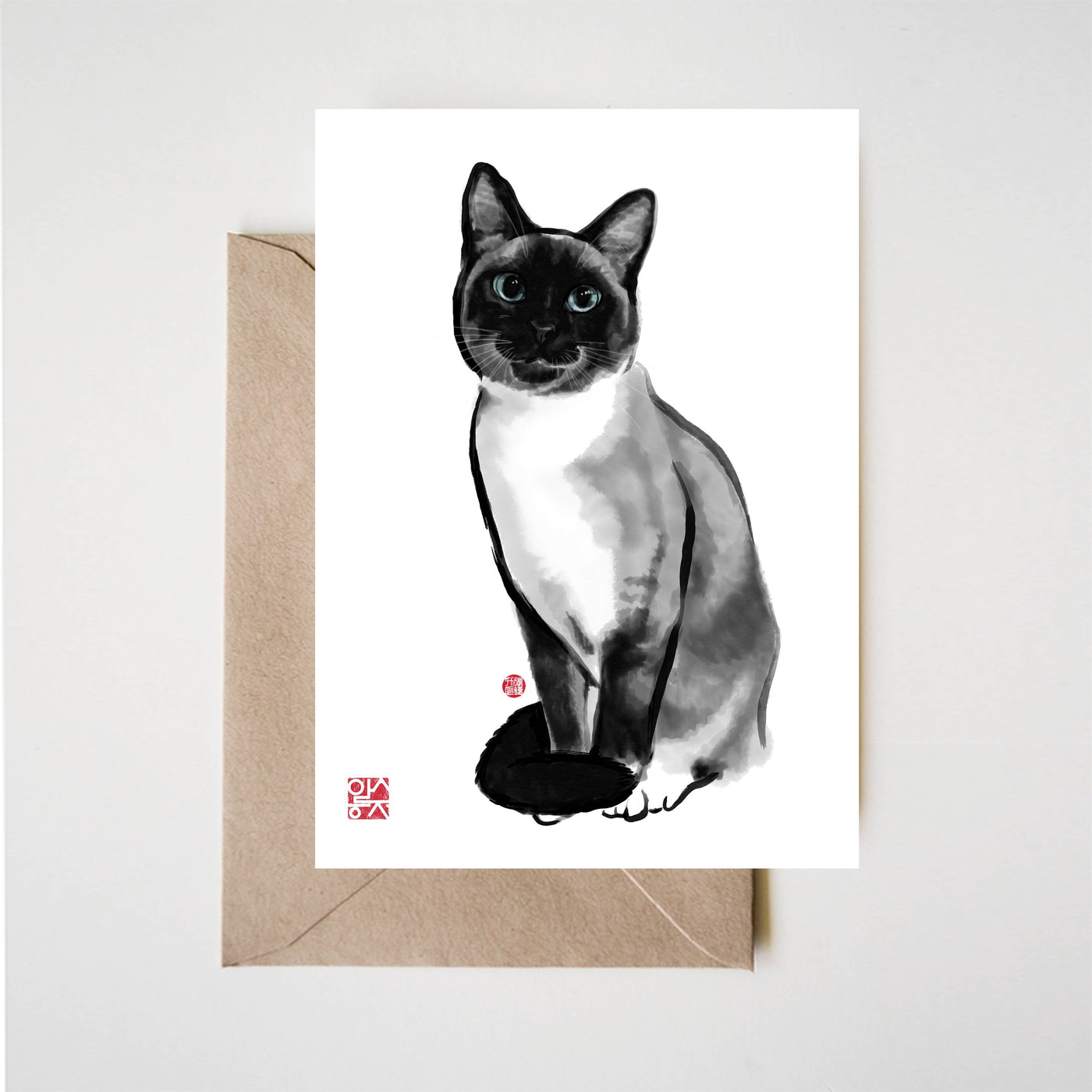 Siamese Cat Greeting Card, Sumi Ink Zen Pet Lovers Cute