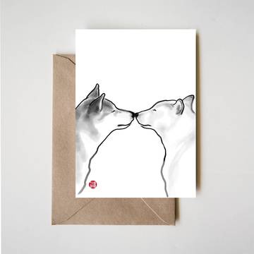 Love Shiba Couple Greeting Card,Sumi-e Ink Zen Dog Handpaint
