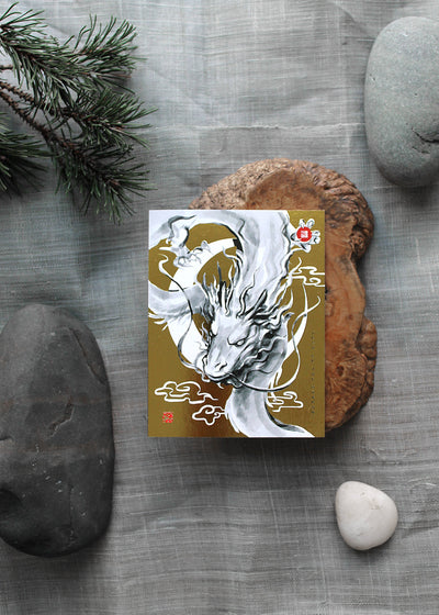 Year of Dragon Gold Moon Zodiac Greeting Card, Sumi Ink