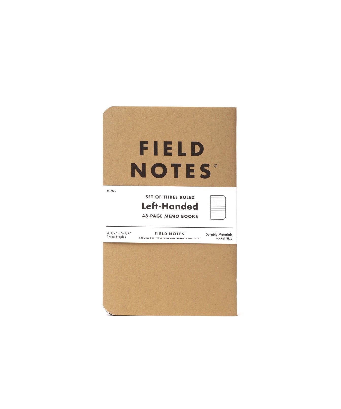 Set of 3, ruled, left-handed, kraft brown, memo books with white paper bands and Field Notes logo in black ink.