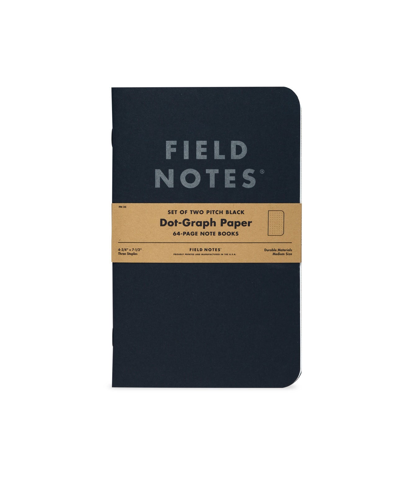 Front cover view of Pitch Black note book with dot grid pages, Field Notes logo in silver ink, and brown paper band with black text.