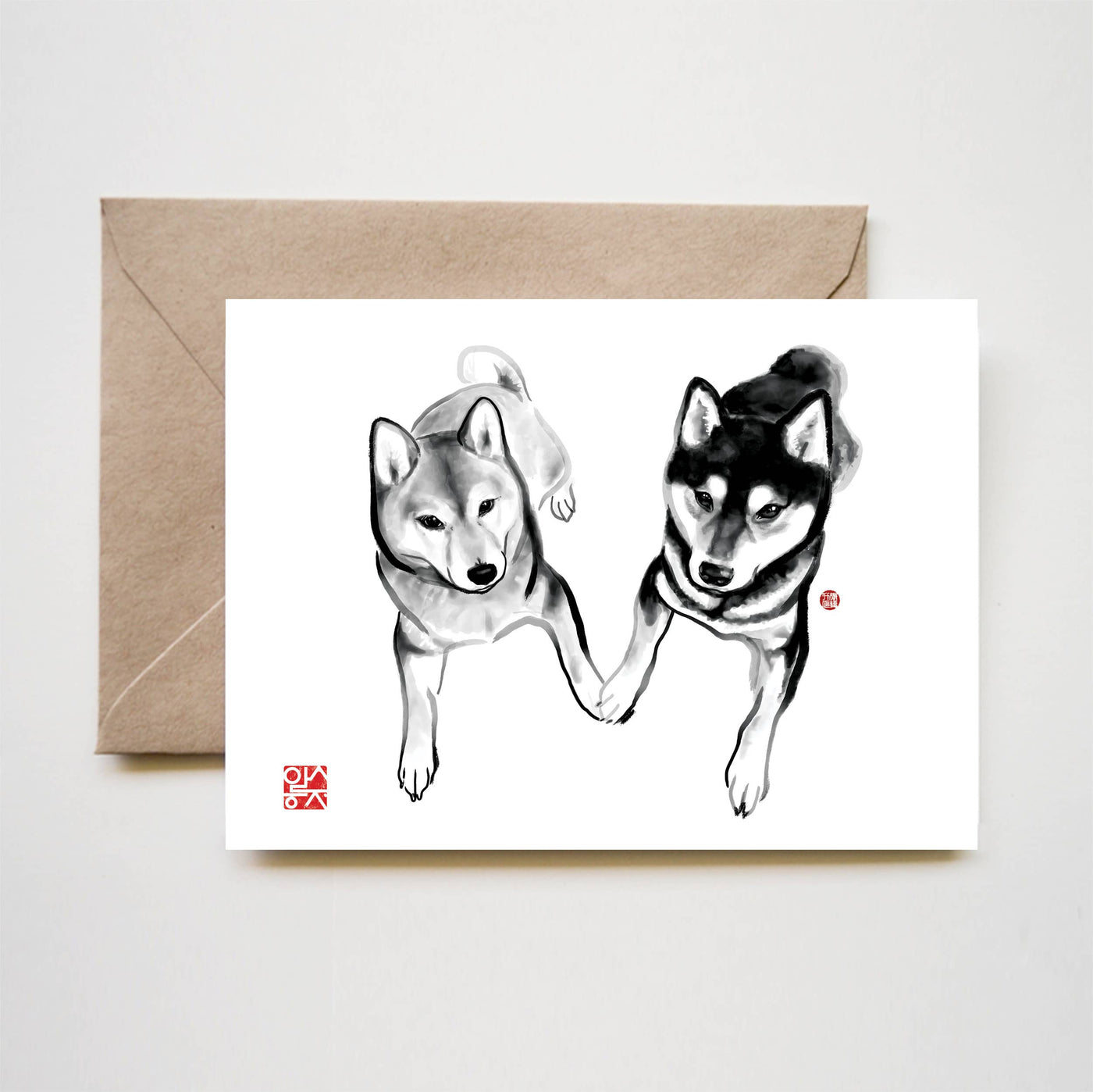 Lovers Couple Shiba Inu Dog Greeting Card, Sumi Ink Art
