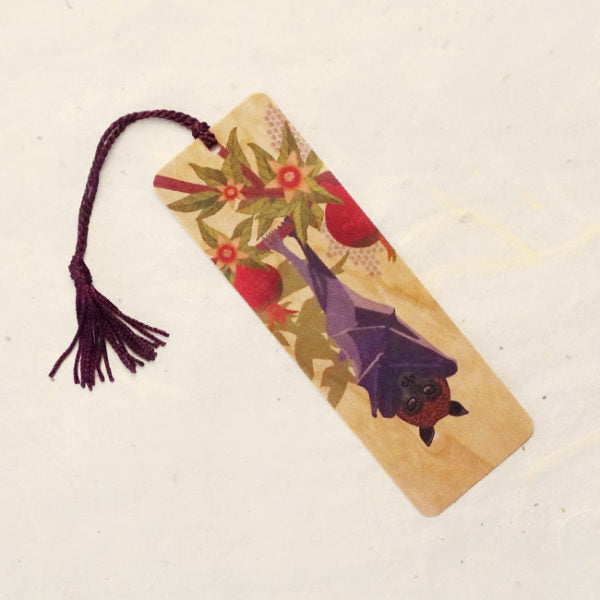 Fruit bat and pomegranate wood bookmark with tassel